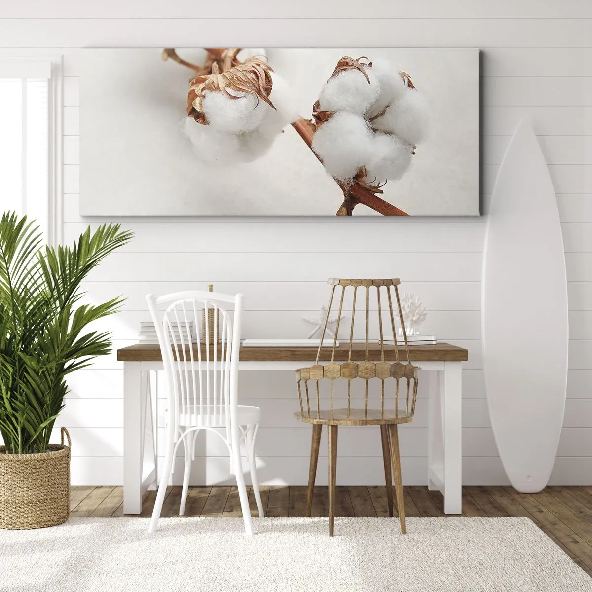 Obraz na płótnie - Gałązka bawełny na subtelnym tle - 160x50cm - Tylko tulić - Nowoczesna dekoracja ścienna do salonu i sypialni ARTTOR