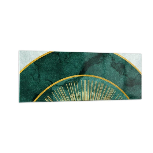Obraz na szkle - Abstrakcyjny wzór z okręgami w szmaragdowym i złotym kolorze - 140x50cm - Inny układ słoneczny - Nowoczesna dekoracja ścienna do salonu i sypialni ARTTOR