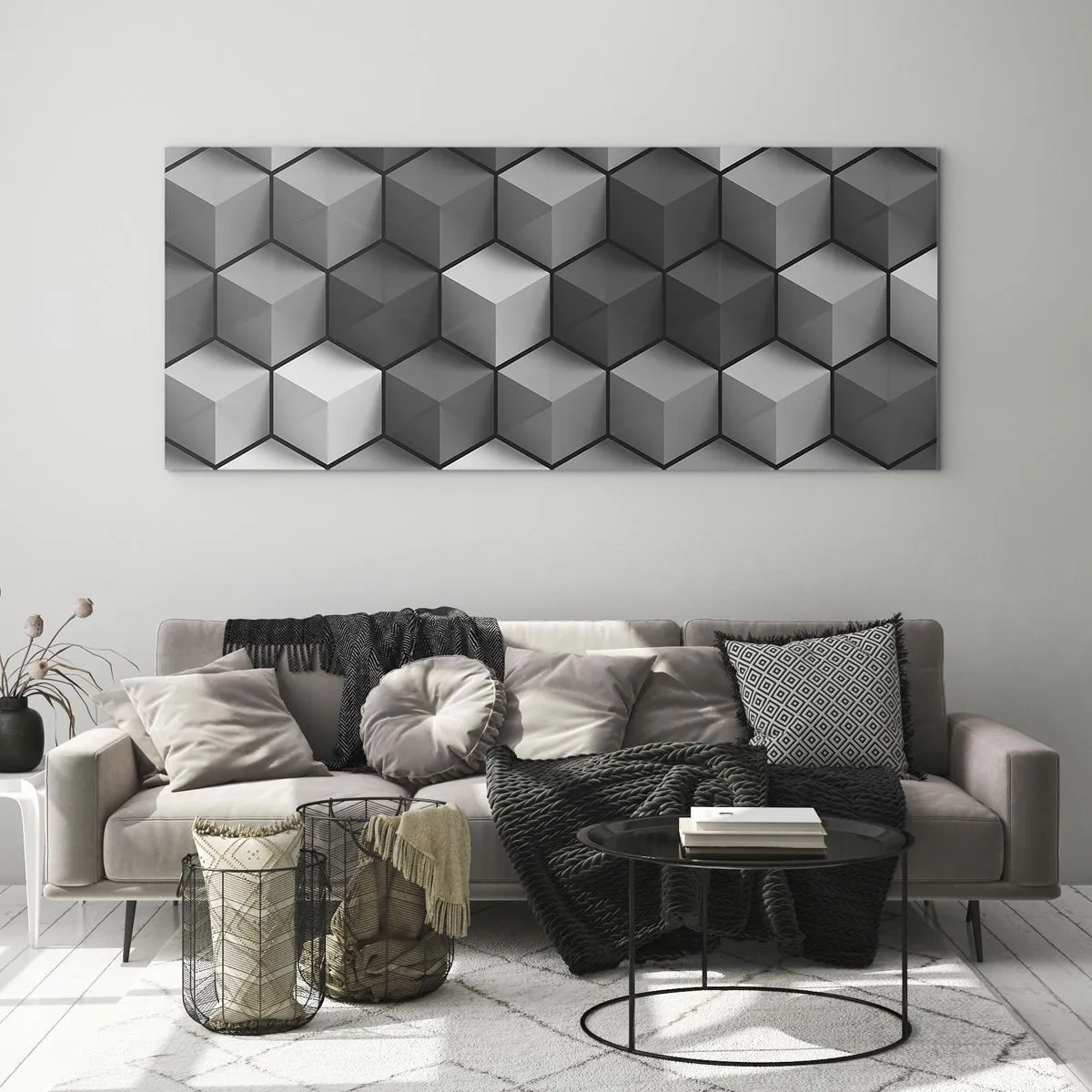 Obraz na szkle - Geometryczna kompozycja kostek w odcieniach szarości i czerni - 160x50cm - Kubistyczna układanka - Nowoczesna dekoracja ścienna do salonu i sypialni ARTTOR