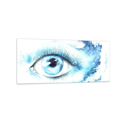 Obraz na szkle - Artystyczna akwarela oka z dynamiczną falą - 120x50cm - Zanurzyć się w błękicie spojrzenia - Nowoczesna dekoracja ścienna do salonu i sypialni ARTTOR