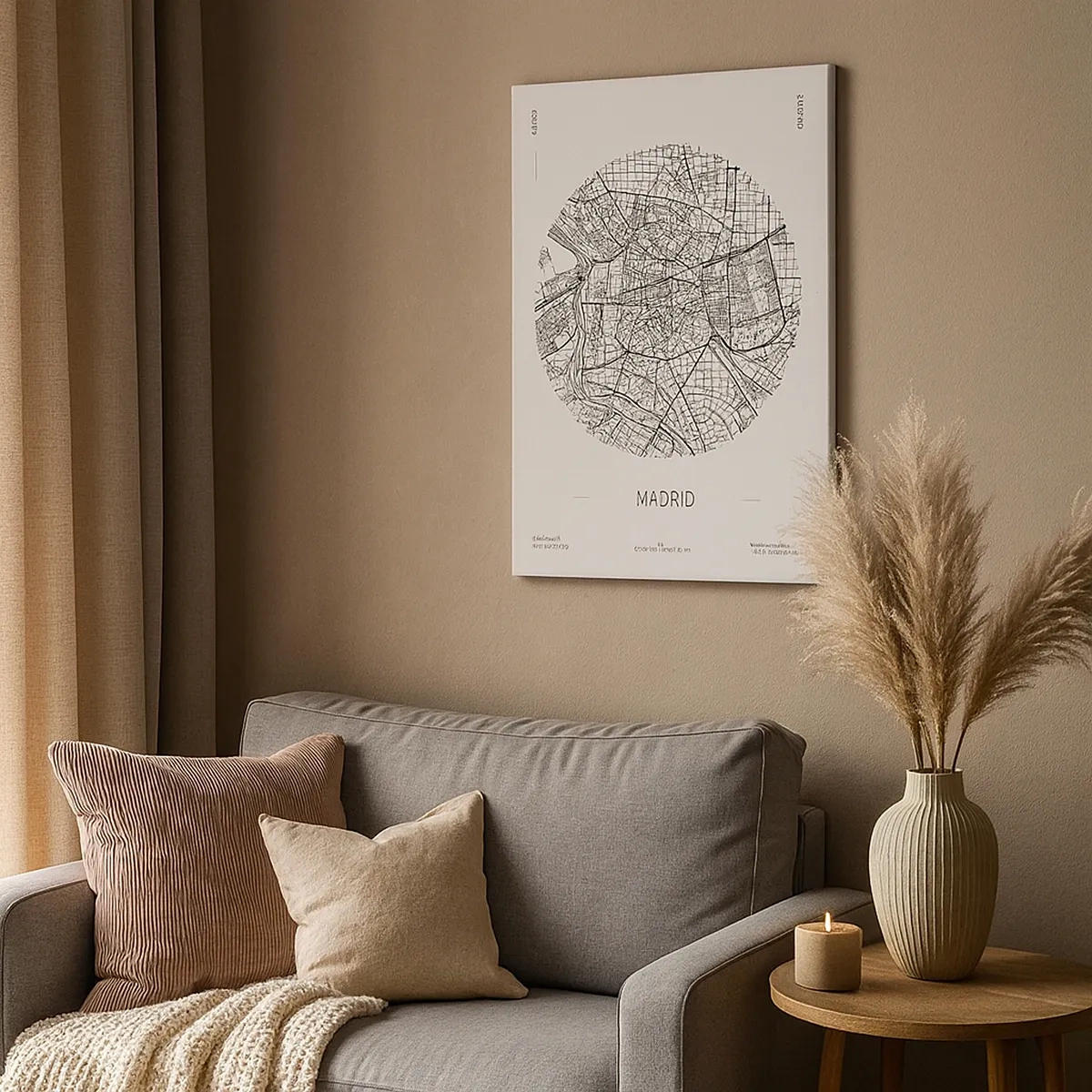 Obraz na płótnie - Minimalistyczna mapa Madrytu w czarnych liniach na białym tle - 50x70cm - Anatomia Madrytu - Nowoczesna dekoracja ścienna do salonu, kuchni i sypialni ARTTOR