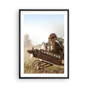 Plakat w czarnej ramie - Dziecko w drewnianym samolocie z gwiazdami na tle pola - 50x70cm - Start ku marzeniu - Nowoczesna dekoracja ścienna do salonu i sypialni ARTTOR