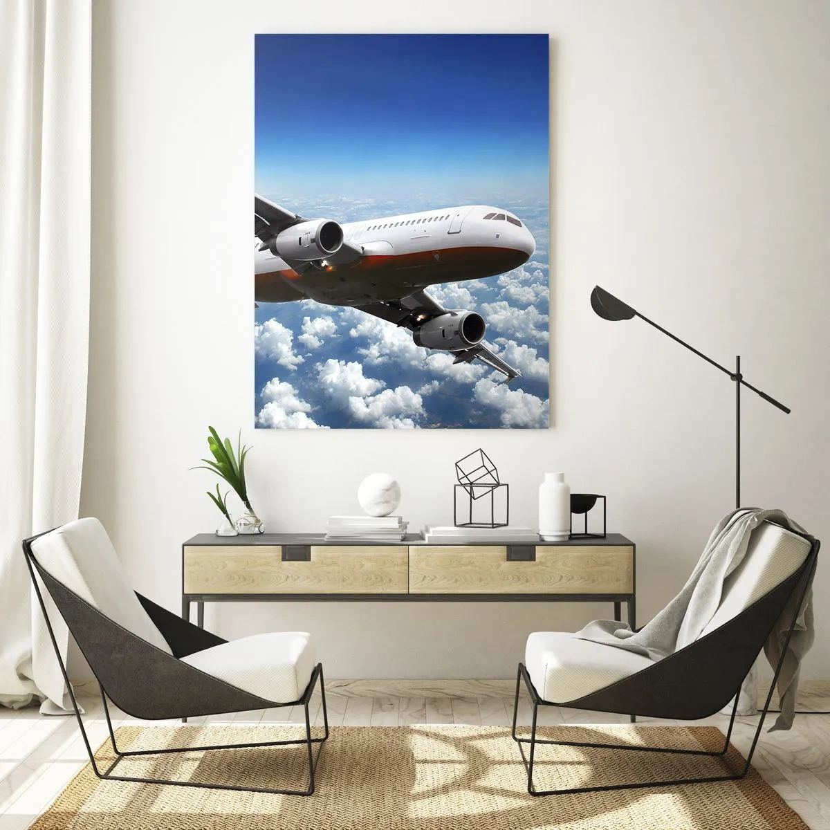 Obraz na szkle - Samolot pasażerski lecący ponad chmurami na tle błękitnego nieba - 50x70cm - Oderwij się od tego wszystkiego - Nowoczesna dekoracja ścienna do salonu, kuchni i sypialni ARTTOR