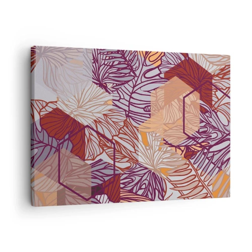 Obraz na płótnie - Dekoracyjny wzór liści tropikalnych w odcieniach fioletu, pomarańczu i beżu - 70x50cm - Związek niemozliwy geometrii i natury - Nowoczesna dekoracja ścienna do salonu i sypialni ARTTOR
