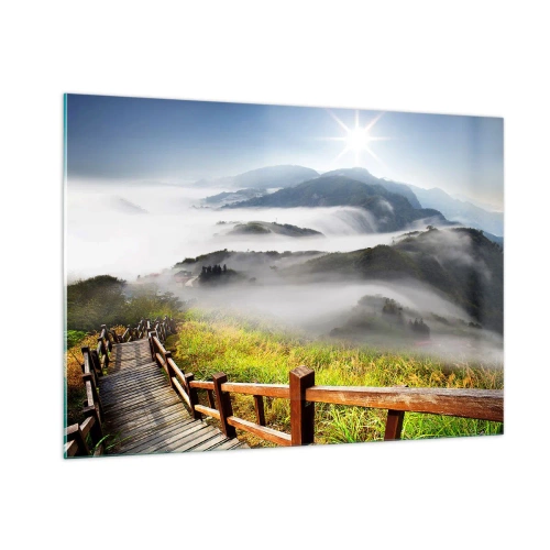 Obraz na szkle - Górski krajobraz z mgłą i drewnianą ścieżką o wschodzie słońca - 100x70cm - Utkane z blasku i mgły - Nowoczesna dekoracja ścienna do salonu, kuchni i sypialni ARTTOR
