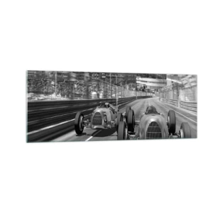 Obraz na szkle - Monochromatyczna scena wyścigu retro samochodów - 140x50cm - Dawno temu w Monte Carlo - Nowoczesna dekoracja ścienna do salonu i sypialni ARTTOR