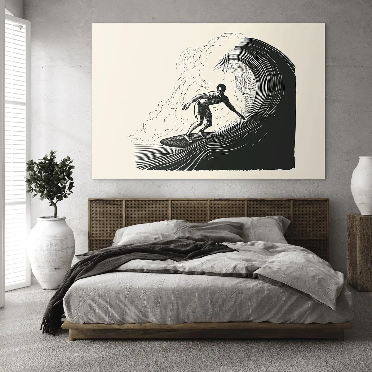 Obraz na szkle - Surfer na wysokiej fali w stylu retro rysunku - 70x50cm - Król fali - Nowoczesna dekoracja ścienna do salonu i sypialni ARTTOR