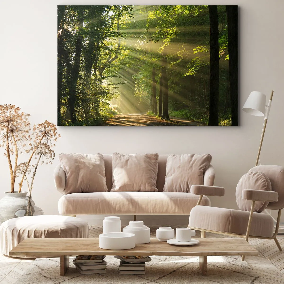 Obraz na płótnie - Ścieżka leśna z promieniami słońca przebijającymi przez drzewa - 70x50cm - Leśna chwila - Nowoczesna dekoracja ścienna do salonu i sypialni ARTTOR