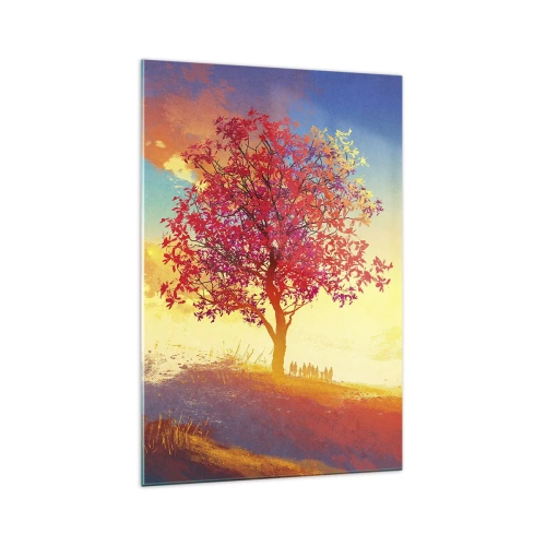 Obraz na szkle - Postać na wzgórzu obok kolorowego drzewa w świetle zachodzącego słońca - 70x100cm - Pielgrzym u celu - Nowoczesna dekoracja ścienna do salonu i sypialni ARTTOR