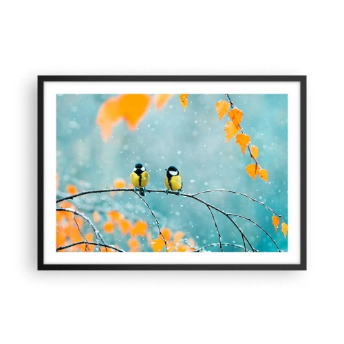 Plakat w czarnej ramie - Dwa ptaki na gałęzi w zimowym otoczeniu z żółtymi liśćmi - 70x50cm - Ptasie plotki - Nowoczesna dekoracja ścienna do salonu i sypialni ARTTOR