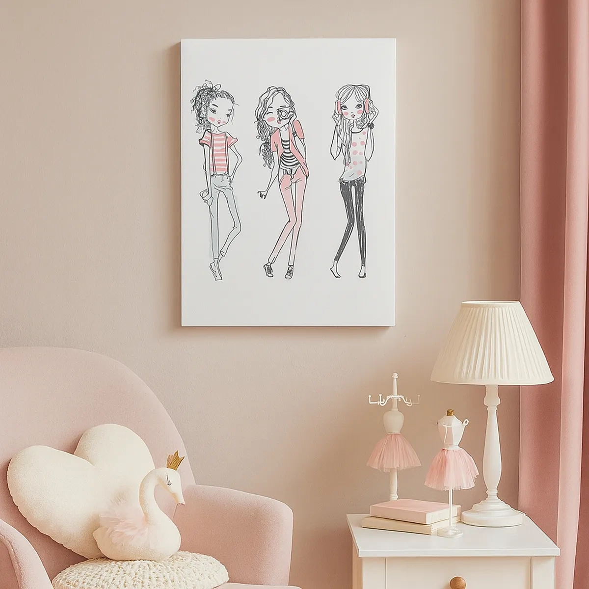 Obraz na płótnie - Modowa ilustracja trzech stylowych dziewczyn - 50x70cm - Będzie, będzie zabawa - Nowoczesna dekoracja ścienna do salonu, kuchni i sypialni ARTTOR