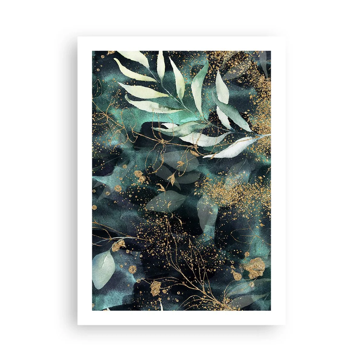 Plakat - Zielone liście i złote akcenty na ciemnym tle - 50x70cm - Zaczarowany ogród - Nowoczesna dekoracja ścienna do salonu, kuchni i sypialni ARTTOR