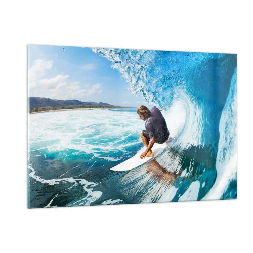 Obraz na szkle - Surfer w tunelu wodnym na tle oceanu - 120x80cm - Tańczący z falami - Nowoczesna dekoracja ścienna do salonu, kuchni i sypialni ARTTOR