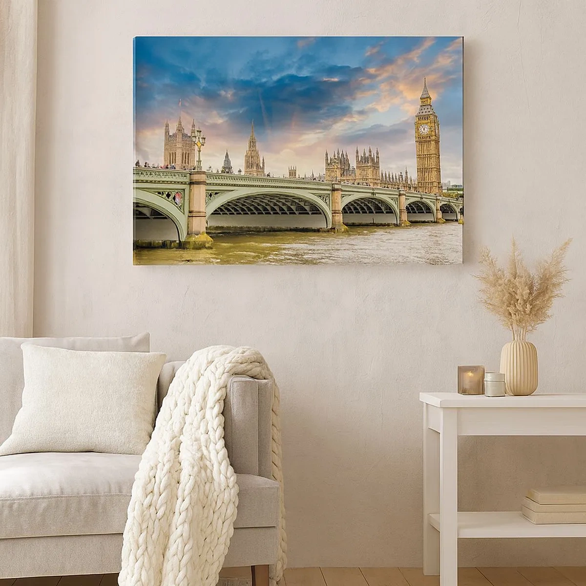 Obraz na płótnie - Big Ben i Westminster Bridge na tle nieba o zmierzchu - 70x50cm - Czas stanął w Imperium - Nowoczesna dekoracja ścienna do salonu i sypialni ARTTOR