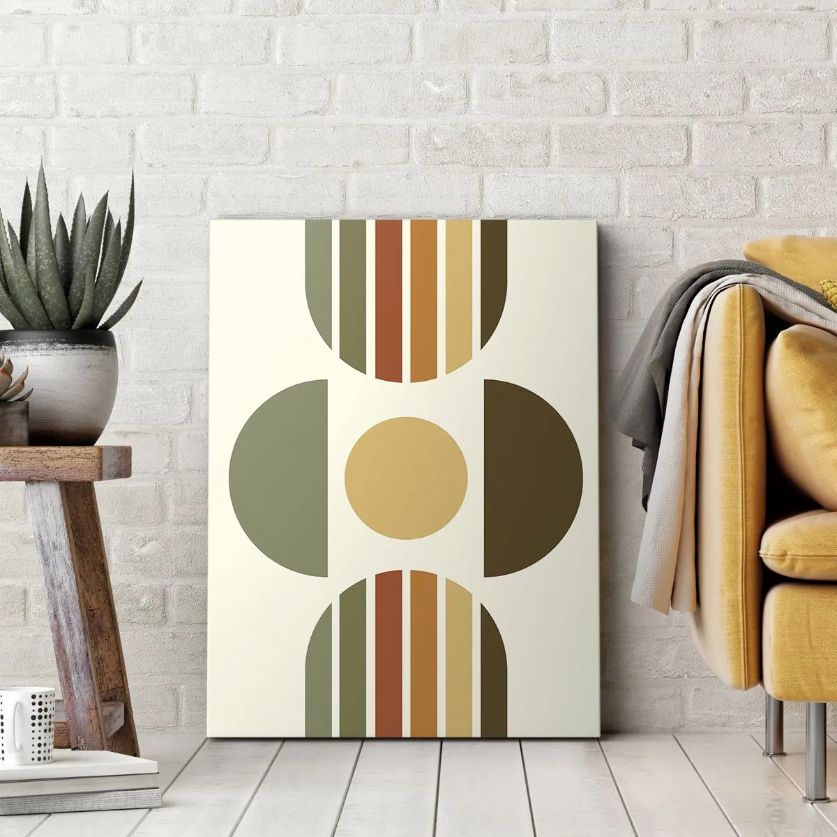 Obraz na płótnie - Geometryczna abstrakcja w odcieniach zieleni, pomarańczu i beżu - 50x70cm - W kolorach ziemi - Nowoczesna dekoracja ścienna do salonu, kuchni i sypialni ARTTOR