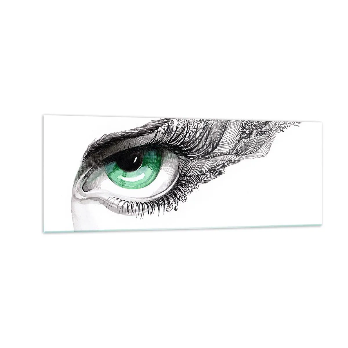 Obraz na szkle - Artystyczne oko z zieloną tęczówką i detalami rysunku - 140x50cm - Piękna i gotowa do ataku - Nowoczesna dekoracja ścienna do salonu i sypialni ARTTOR
