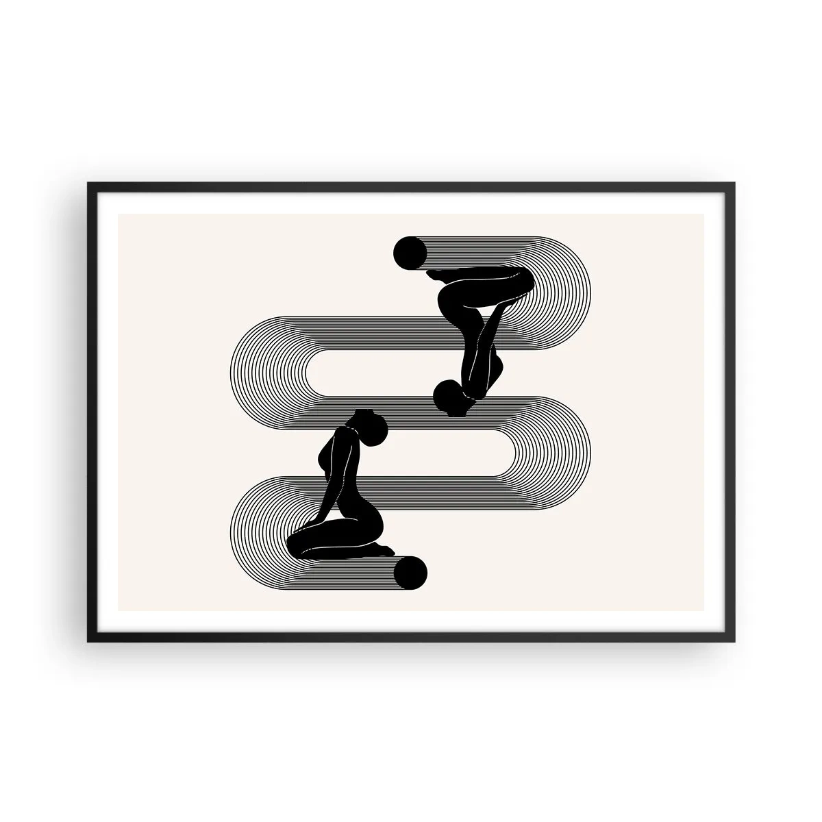 Plakat w czarnej ramie - Czarne sylwetki z geometrycznymi liniami na jasnym tle - 100x70cm - Zmysłowa symetria - Nowoczesna dekoracja ścienna do salonu i sypialni ARTTOR