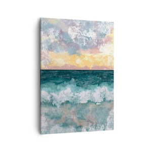 Obraz na płótnie - Malowniczy zachód słońca nad wzburzonym oceanem w pastelowych barwach - 50x70cm - Woda, światło, powietrze - Nowoczesna dekoracja ścienna do salonu, kuchni i sypialni ARTTOR