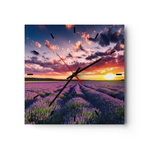 Zegar ścienny - Pole lawendy o zachodzie słońca z kolorowym niebem - 30x30cm - Lawendowy świat - Nowoczesna dekoracja ścienna do salonu i sypialni ARTTOR