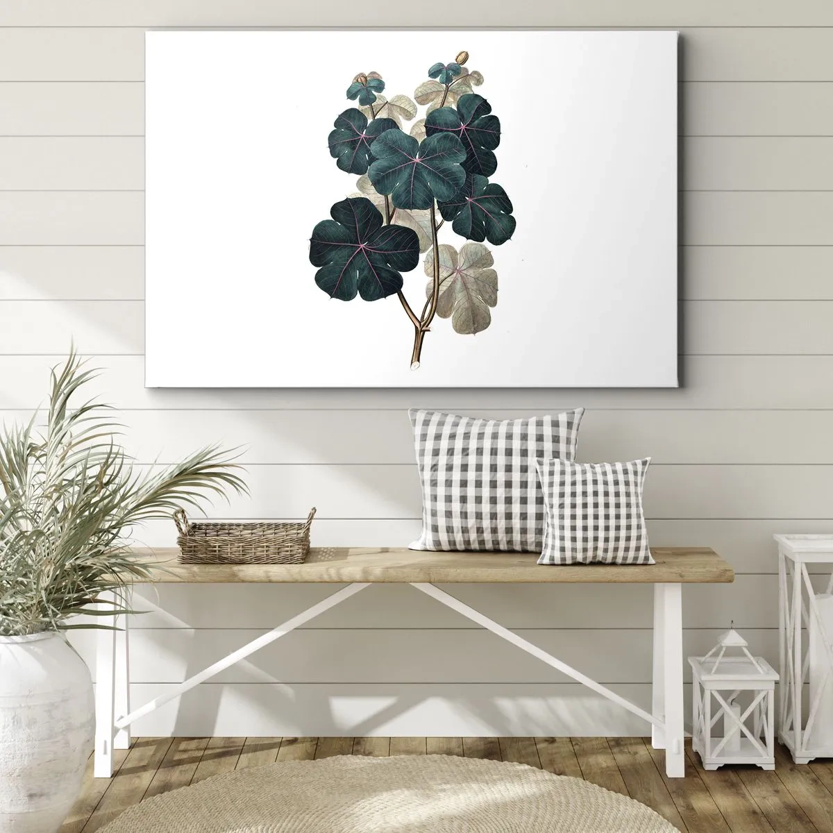 Obraz na płótnie - Ilustracja botaniczna z liśćmi w odcieniach zieleni i beżu - 70x50cm - Ze starego zielnika - Nowoczesna dekoracja ścienna do salonu i sypialni ARTTOR