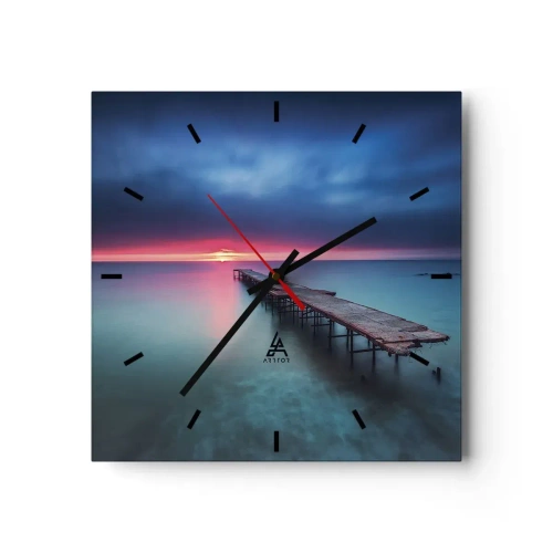 Zegar ścienny - Drewniane molo prowadzące wprost na morze o zachodzie słońca - 30x30cm - Między niebem a ziemią - Nowoczesna dekoracja ścienna do salonu i sypialni ARTTOR