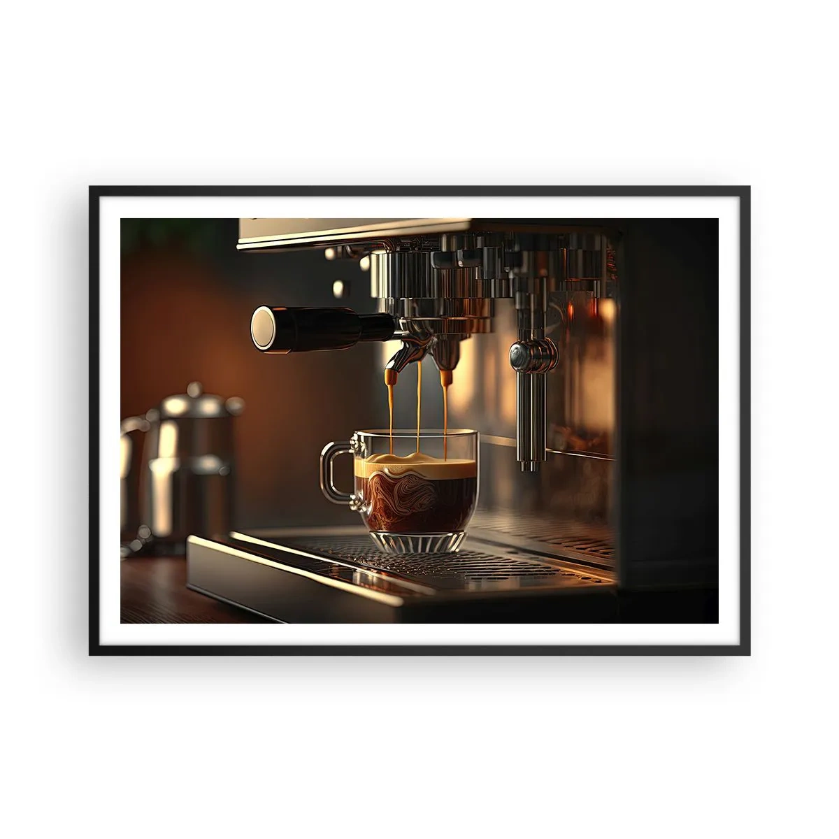 Plakat w czarnej ramie - Ekspres do kawy z filiżanką aromatycznego espresso - 100x70cm - Zmysłowa mikstura - Nowoczesna dekoracja ścienna do salonu i sypialni ARTTOR