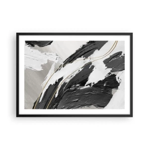 Plakat w czarnej ramie - Czarno-białe pociągnięcia farby z delikatnym złotym akcentem - 70x50cm - Abstrakcja z rozmachem - Nowoczesna dekoracja ścienna do salonu i sypialni ARTTOR