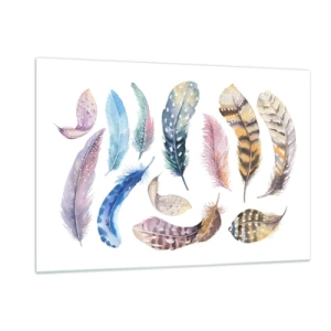 Obraz na szkle - Kolorowe pióra w artystycznym stylu na białym tle - 120x80cm - Lekkie, pstrokate i wielobarwne - Nowoczesna dekoracja ścienna do salonu, kuchni i sypialni ARTTOR