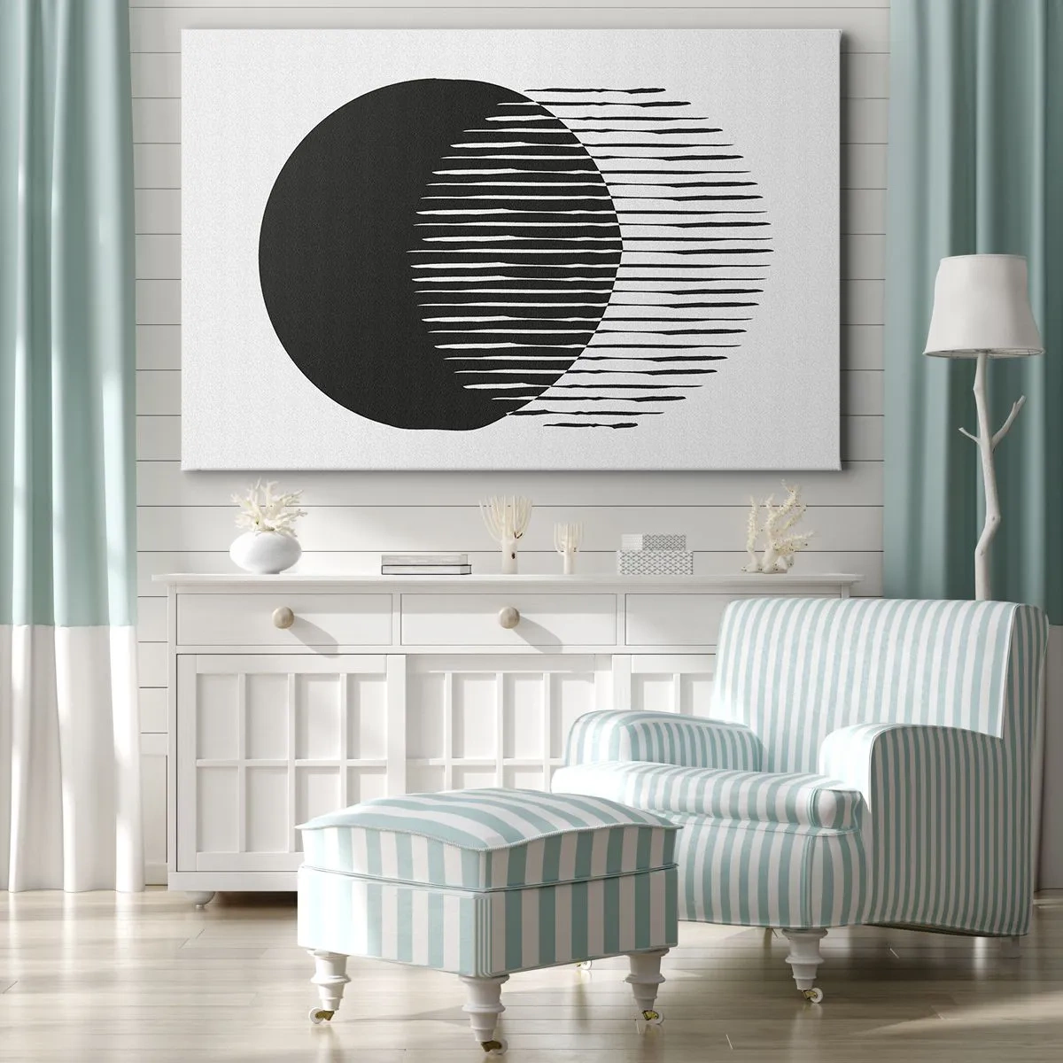 Obraz na płótnie - Dwa nakładające się koła z liniami w czerni i bieli - 70x50cm - Jego alter ego - Nowoczesna dekoracja ścienna do salonu i sypialni ARTTOR