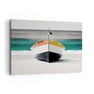Obraz na płótnie - Łódź na plaży z turkusowym morzem w tle - 100x70cm - Na swoim miejscu - Nowoczesna dekoracja ścienna do salonu, kuchni i sypialni ARTTOR