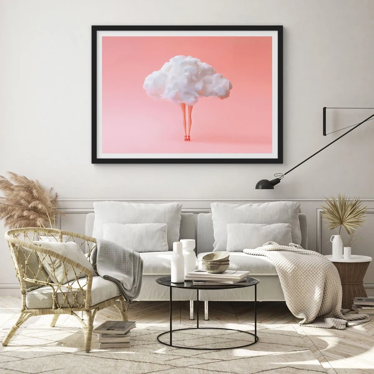 Plakat w czarnej ramie - Nogi w chmurze na różowym tle - 100x70cm - Słodka obietnica - Nowoczesna dekoracja ścienna do salonu i sypialni ARTTOR