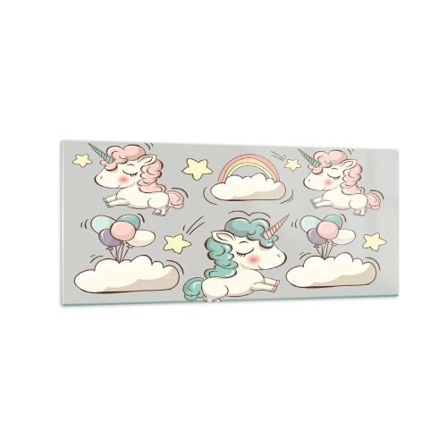 Obraz na szkle - Urocze jednorożce na pastelowym tle - 120x50cm - Na pewno istnieją… - Nowoczesna dekoracja ścienna do salonu i sypialni ARTTOR