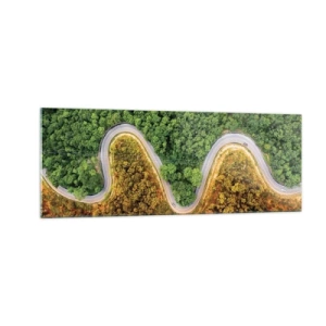 Obraz na szkle - Zakręcona droga przez las widziana z lotu ptaka - 140x50cm - Granice i przełomy - Nowoczesna dekoracja ścienna do salonu i sypialni ARTTOR
