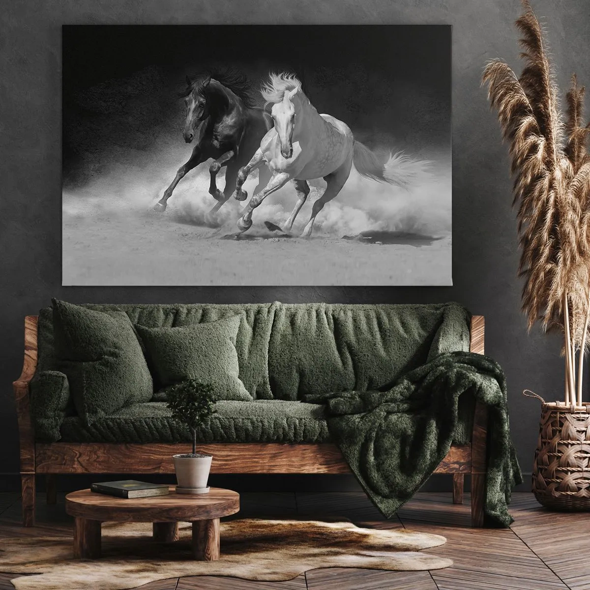 Obraz na płótnie - Biegnące konie w czerni i bieli - 70x50cm - Galop wolności - Nowoczesna dekoracja ścienna do salonu i sypialni ARTTOR