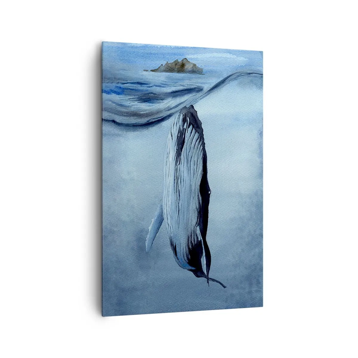 Obraz na płótnie - Wieloryb wynurzający się spod tafli wody, akwarela - 80x120cm - Dwa światy północy - Nowoczesna dekoracja ścienna do salonu i sypialni ARTTOR