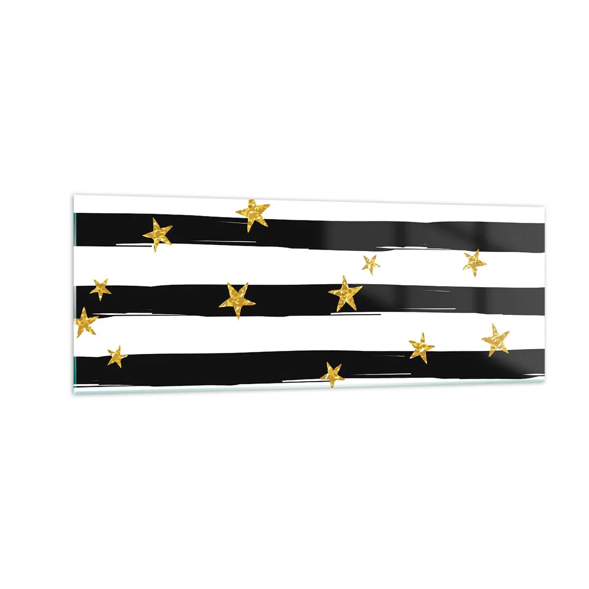 Obraz na szkle - Czarno-białe pasy z złotymi gwiazdkami - 140x50cm - Wszyscy urodziliśmy się pod szczęśliwą gwiazdą - Nowoczesna dekoracja ścienna do salonu i sypialni ARTTOR