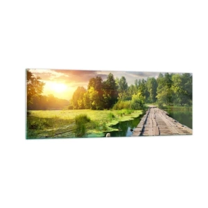 Obraz na szkle - Malowniczy krajobraz z mostkiem i łabędziem - 140x50cm - Lato, lato wszędzie - Nowoczesna dekoracja ścienna do salonu i sypialni ARTTOR