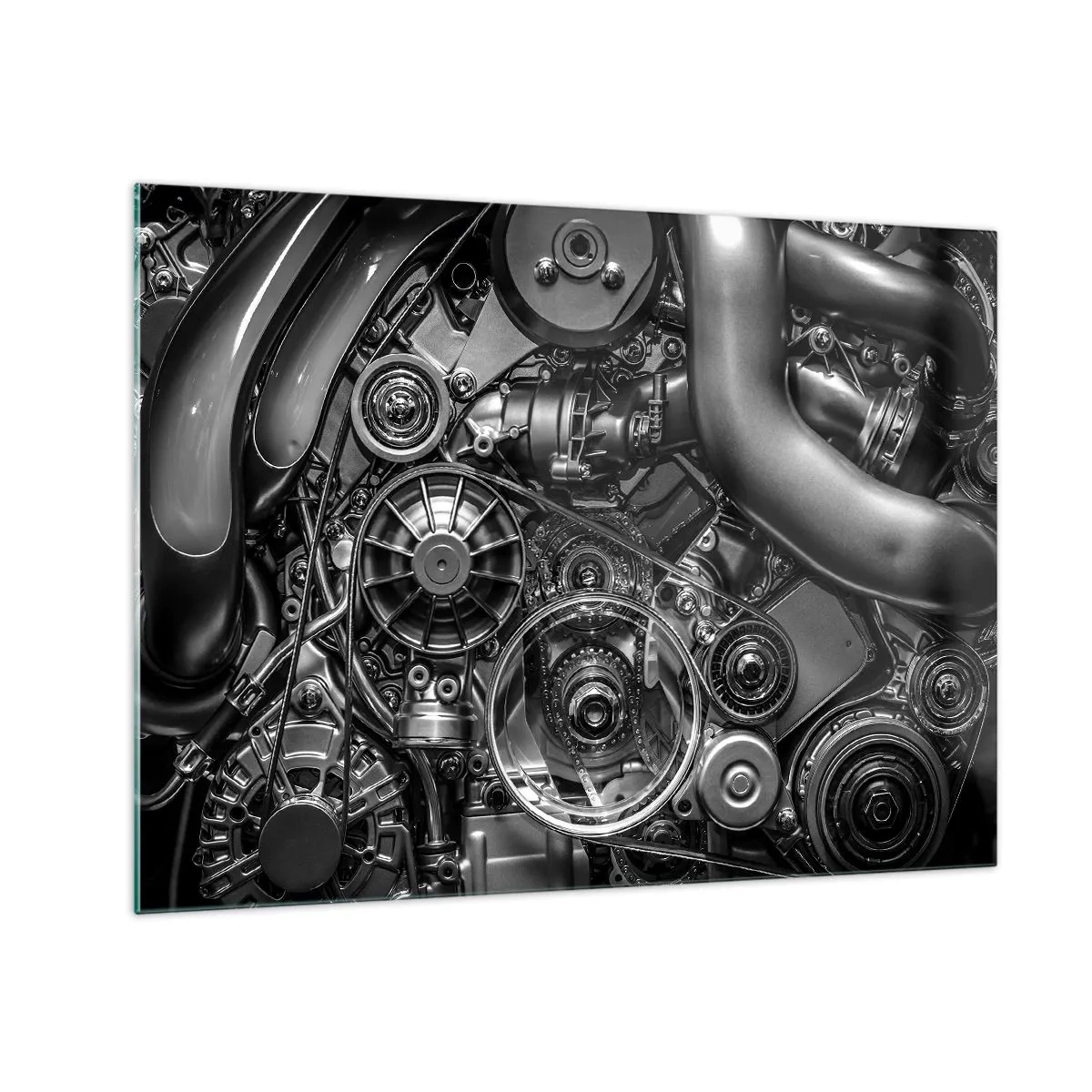 Obraz na szkle - Detal czarno-białego silnika z widocznymi mechanizmami - 70x50cm - Poezja mechaniki - Nowoczesna dekoracja ścienna do salonu i sypialni ARTTOR