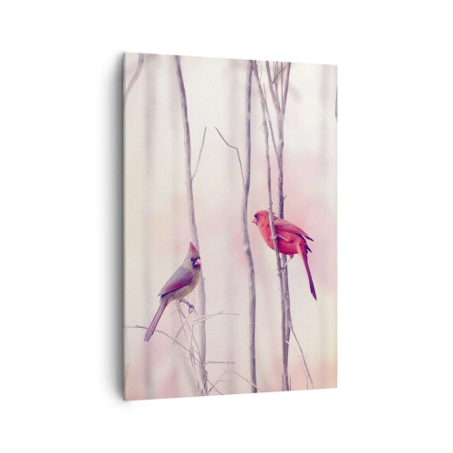 Obraz na płótnie - Para kardynałów na gałęziach w pastelowym krajobrazie - 70x100cm - Opowieść różowego lasu - Nowoczesna dekoracja ścienna do salonu i sypialni ARTTOR