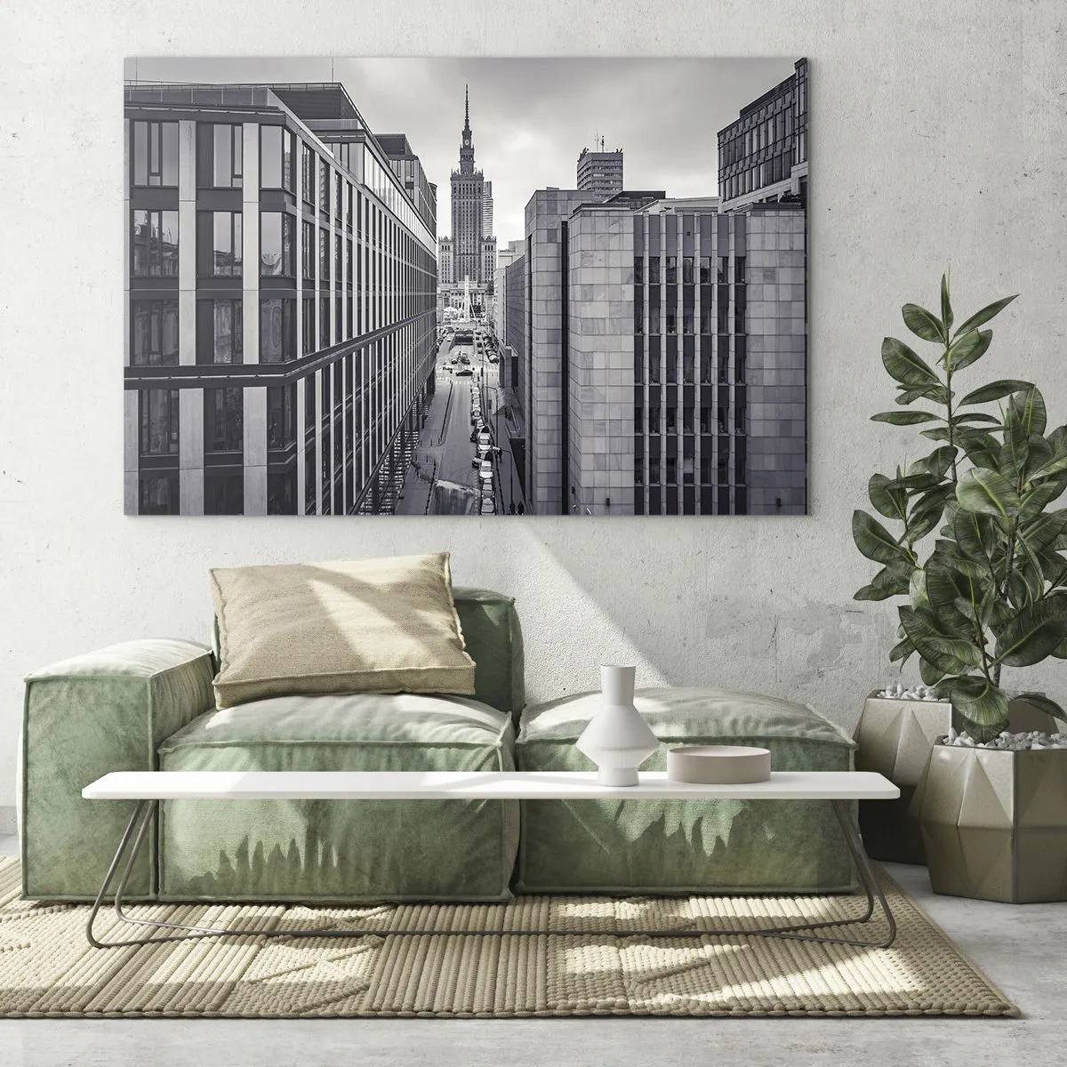 Obraz na szkle - Czarno-biały widok na miasto z wieżowcami i ulicą - 70x50cm - Warszawska dolina - Nowoczesna dekoracja ścienna do salonu i sypialni ARTTOR
