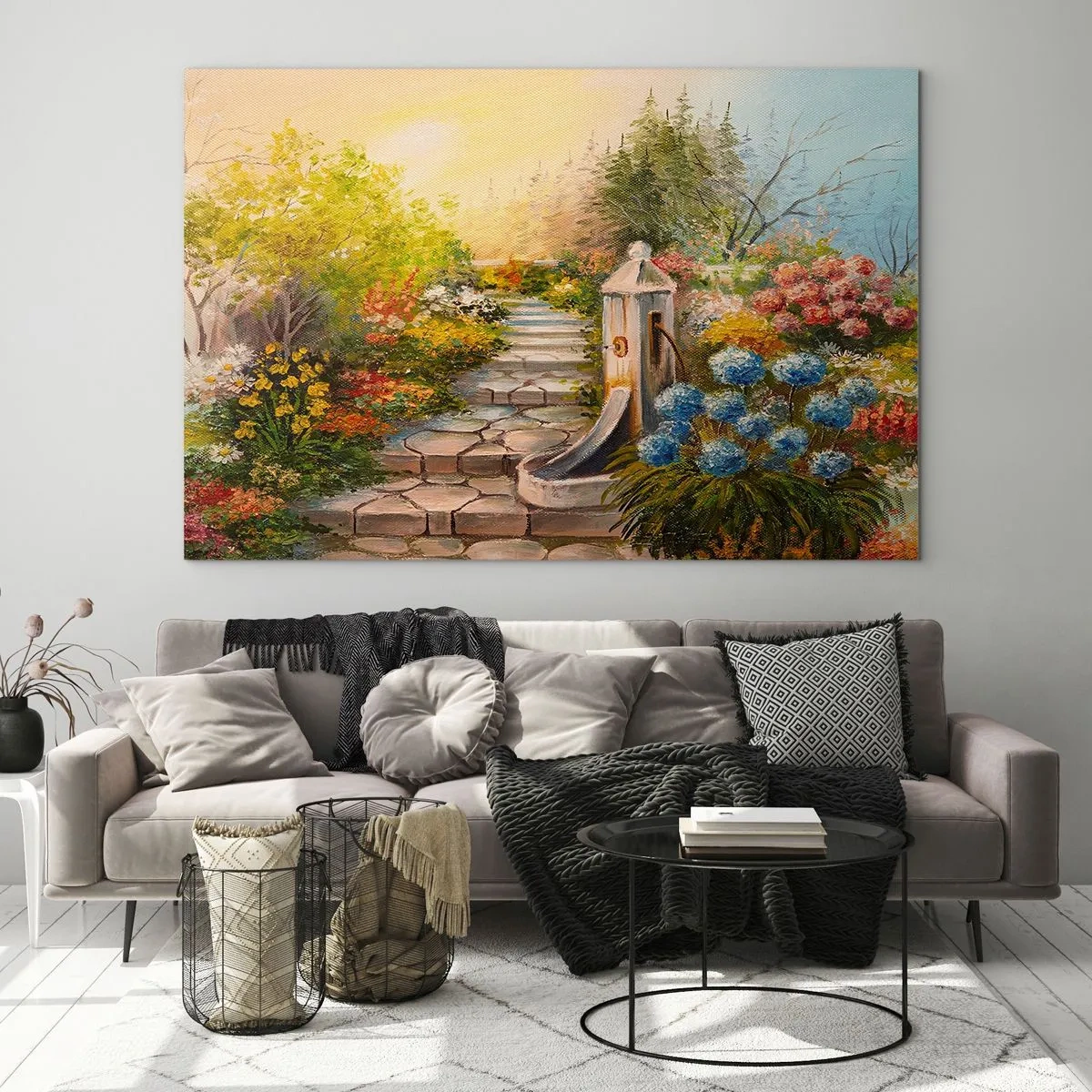 Obraz na szkle - Kwiatowy ogród z fontanną w pełnym rozkwicie - 70x50cm - W pełnym rozkwicie - Nowoczesna dekoracja ścienna do salonu i sypialni ARTTOR