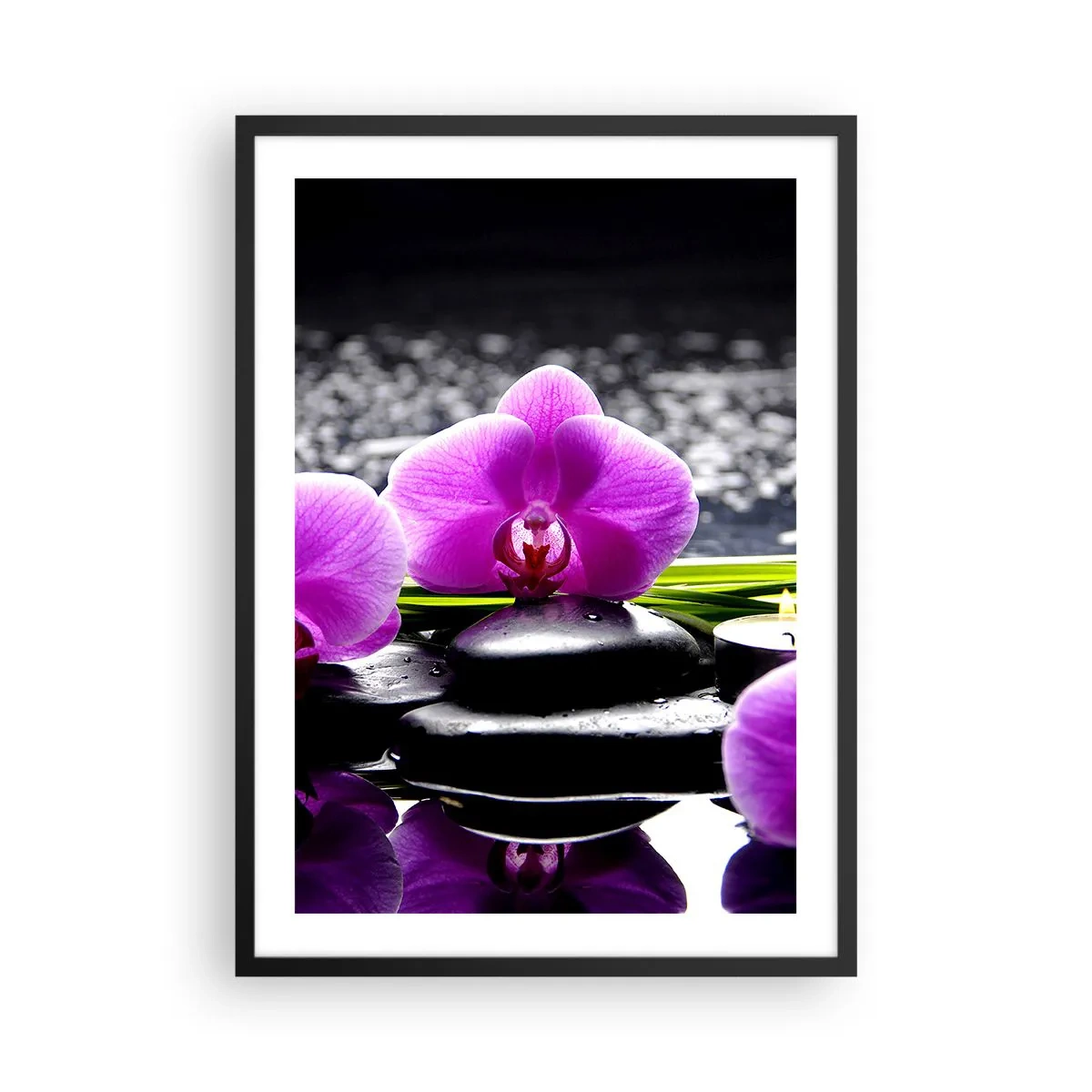 Plakat w czarnej ramie - Fioletowa orchidea na tle kamieni i wody w klimacie spa - 50x70cm - Utonąć w ciszy i spokoju - Nowoczesna dekoracja ścienna do salonu i sypialni ARTTOR