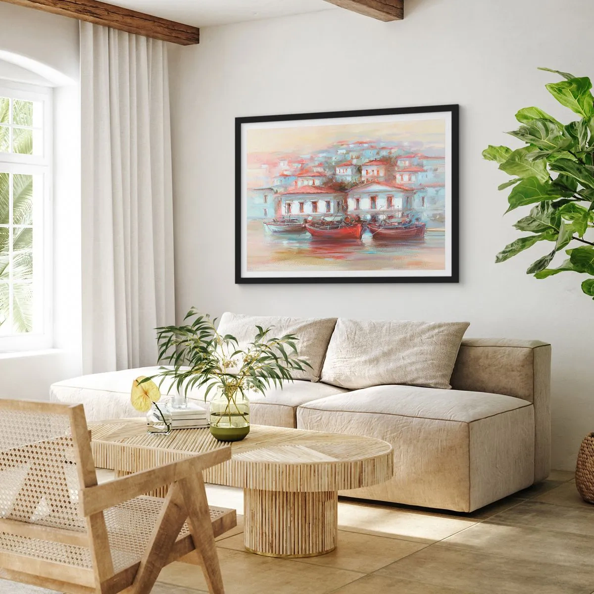 Plakat w czarnej ramie - Kolorowe łodzie i malownicze budynki nad wodą w pastelowych barwach - 70x50cm - Szczęśliwe miasteczko - Nowoczesna dekoracja ścienna do salonu i sypialni ARTTOR