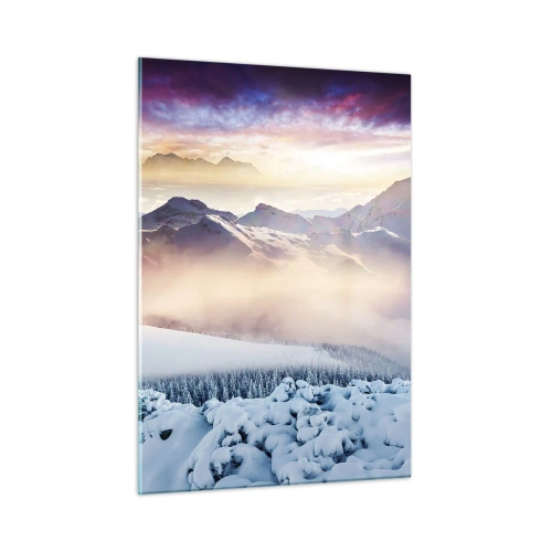 Obraz na szkle - Górski krajobraz zimowy z zachodzącym słońcem i mgłą - 50x70cm - Siła i czystość natury - Nowoczesna dekoracja ścienna do salonu, kuchni i sypialni ARTTOR