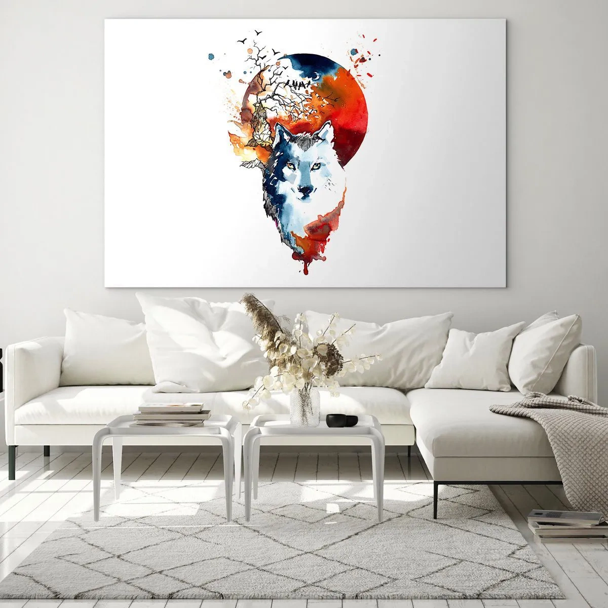 Obraz na szkle - Ilustracja przedstawiająca wilka z pełnią księżyca w tle - 100x70cm - Nos w nos z nocą - Nowoczesna dekoracja ścienna do salonu, kuchni i sypialni ARTTOR