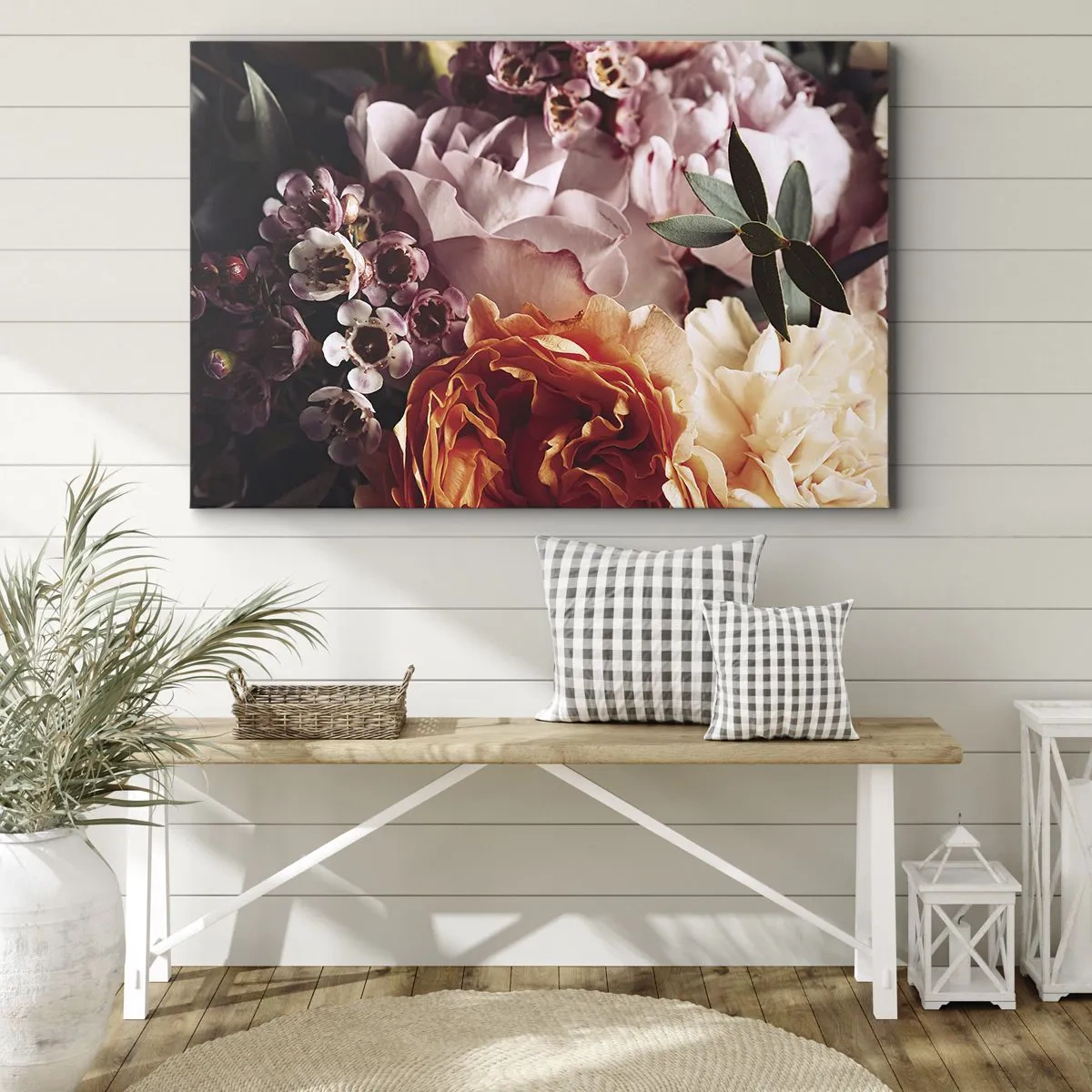 Obraz na płótnie - Kompozycja kolorowych kwiatów w zbliżeniu - 70x50cm - Otulone pięknem - Nowoczesna dekoracja ścienna do salonu i sypialni ARTTOR