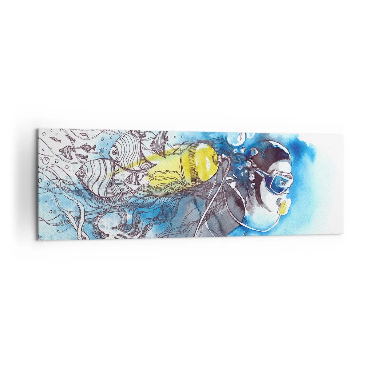 Obraz na płótnie - Podwodna scena z nurkiem i egzotycznymi rybami - 160x50cm - Wielki błękit - Nowoczesna dekoracja ścienna do salonu i sypialni ARTTOR