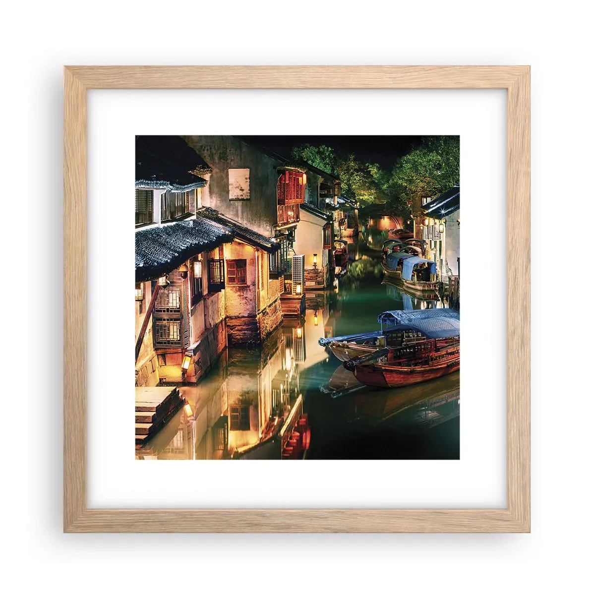 Plakat w ramie jasny dąb - Wieczór na chińskiej ulicy - 30x30 cm