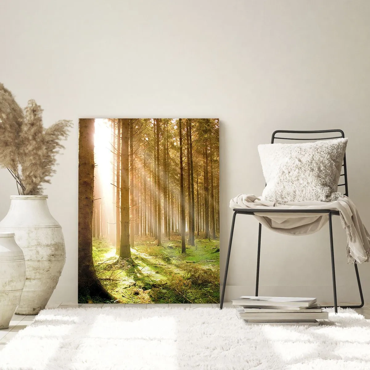 Obraz na szkle - Promienie słońca przenikające przez drzewa w lesie - 50x70cm - Zaraz pojawią się elfy - Nowoczesna dekoracja ścienna do salonu, kuchni i sypialni ARTTOR