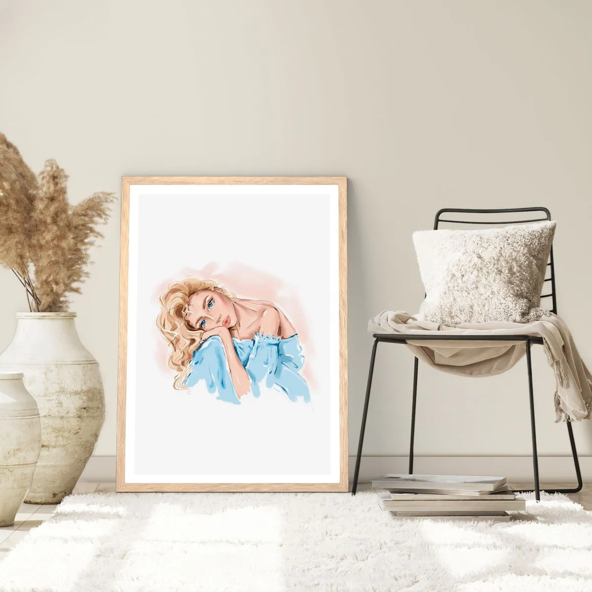 Plakat w ramie jasny dąb - Rozmarzona w błękicie - 30x40 cm